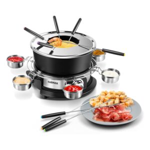 CUSIMAX 1300W Electrical Fondue Set with Temperature Management for Cheese, Chocolate, Oil, and Broth – 2L Non-Stick Fondue Pot, 8 Forks, 6 Cups, and Detachable Equipment