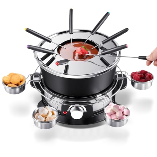 CUSIMAX 1300W Electrical Fondue Set with Temperature Management for Cheese, Chocolate, Oil, and Broth - 2L Non-Stick Fondue Pot, 8 Forks, 6 Cups, and Detachable Equipment