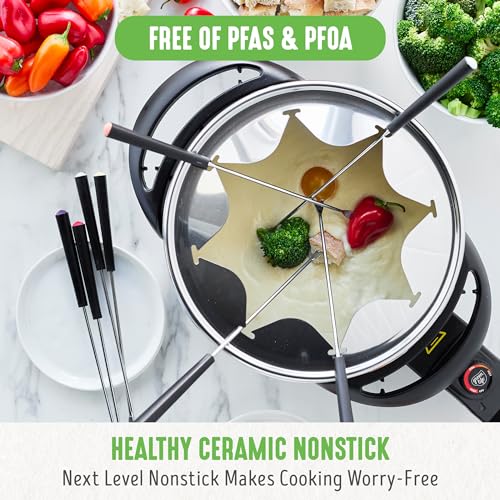 GreenLife 14-Cup Electrical Fondue Maker Set for Cheese, Chocolate, and Meat - Contains 8 Shade-Coded Forks, Wholesome Nonstick Ceramic, Adjustable Temperature Management, PFAS-Free, Pink