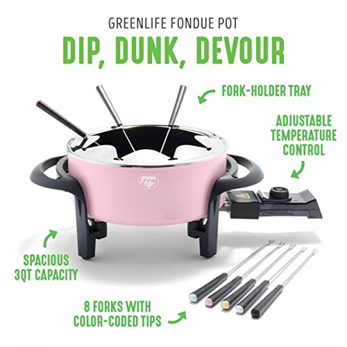 GreenLife 14-Cup Electrical Fondue Pot Set for Cheese, Chocolate, and Meat with 8 Coloration-Coded Forks, Wholesome Ceramic Nonstick, Adjustable Temperature Management, PFAS-Free, Pink