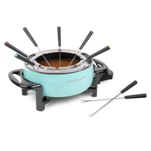 Nostalgia 12-Cup Electrical Fondue Pot Set for Cheese and Chocolate – Consists of 8 Coloration-Coded Forks and Temperature Management – Stainless Metal Kitchen Gadget for Appetizers