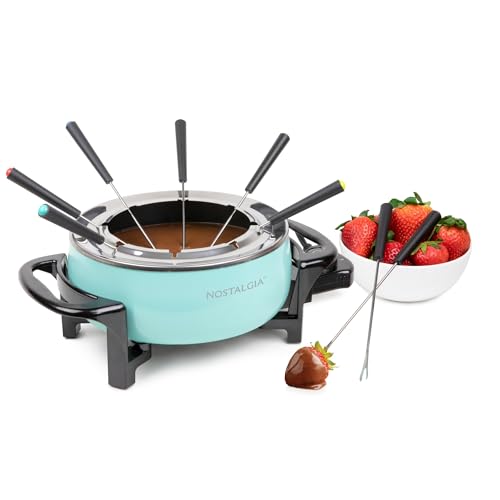 Nostalgia 12-Cup Electrical Fondue Pot Set for Cheese and Chocolate - Consists of 8 Coloration-Coded Forks and Temperature Management - Stainless Metal Kitchen Gadget for Appetizers