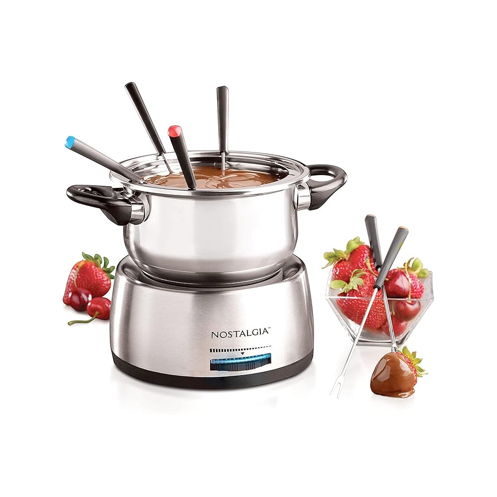 Nostalgia 6-Cup Electrical Fondue Pot Set for Cheese and Chocolate – Contains 6 Colour-Coded Forks and Temperature Management – Stainless Metal Kitchen Home equipment for Appetizers and Extra