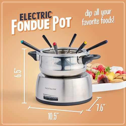 Nostalgia 6-Cup Electrical Fondue Pot Set for Cheese and Chocolate - Contains 6 Colour-Coded Forks and Temperature Management - Stainless Metal Kitchen Home equipment for Appetizers and Extra