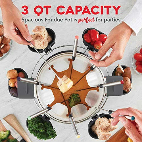 Sprint Deluxe Stainless Metal Fondue Set with Temperature Management, Contains Fondue Forks, Cups, Rack, and Recipe Information, 3-Quart, Non-Stick – Gray